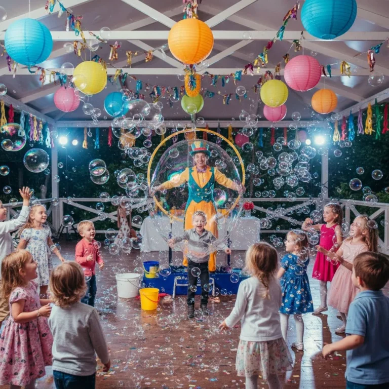 A bubble show in progress with children watching