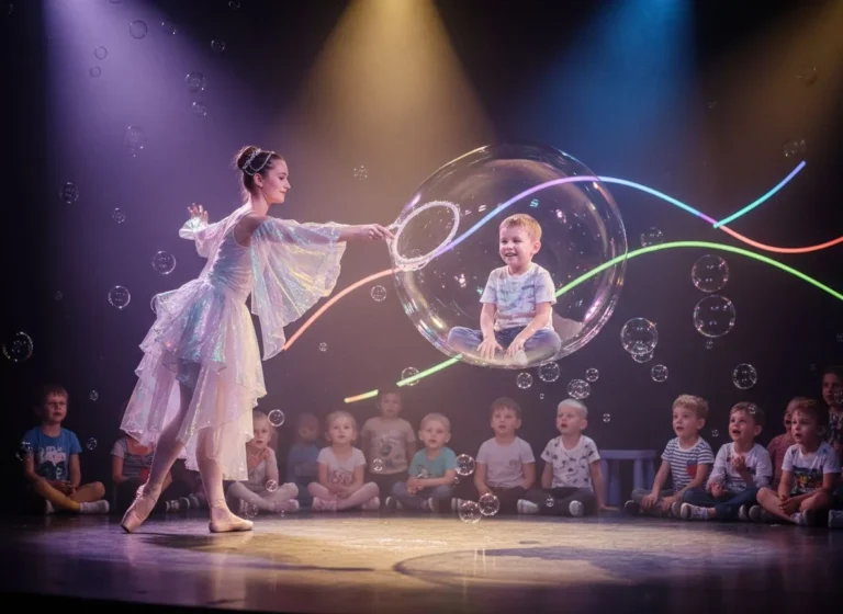 A performer stretching a giant soap bubble in front of children