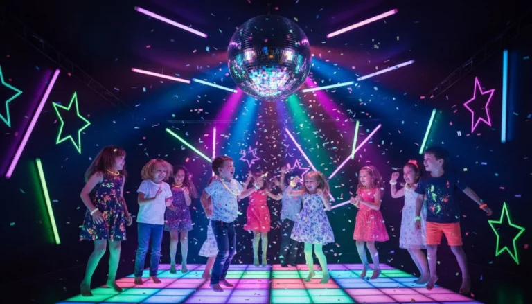 Children dancing under coloured lights at a disco party