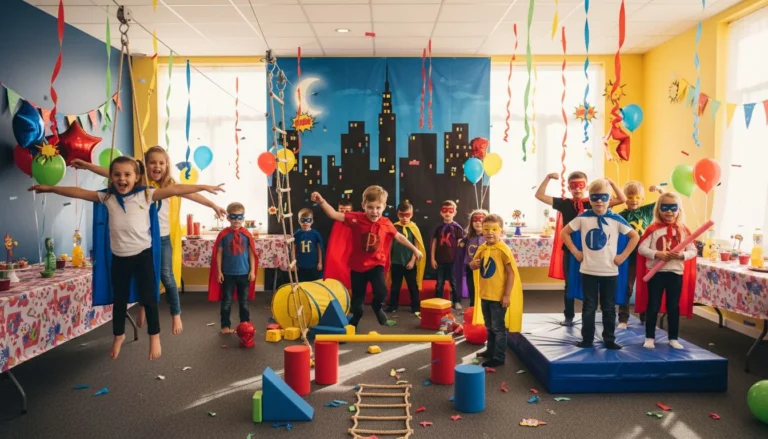Children in superhero capes and masks striking hero poses