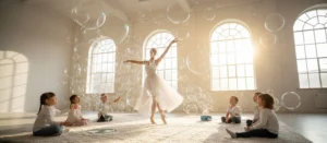 A performer in a shimmering costume making bubbles for children