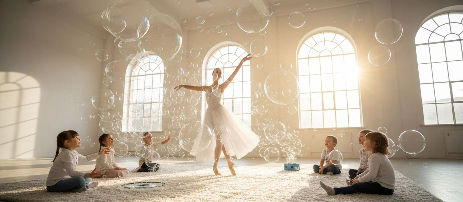 A performer in a shimmering costume making bubbles for children