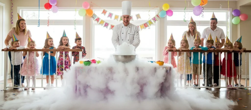 A chef performing at a birthday party for children