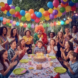 An outdoor birthday party with colourful balloons and party hats