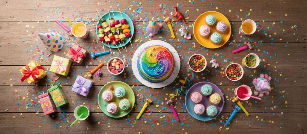 A birthday party table laid with treats and decorations