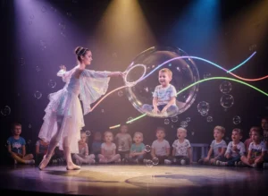 A performer stretching a giant soap bubble in front of children