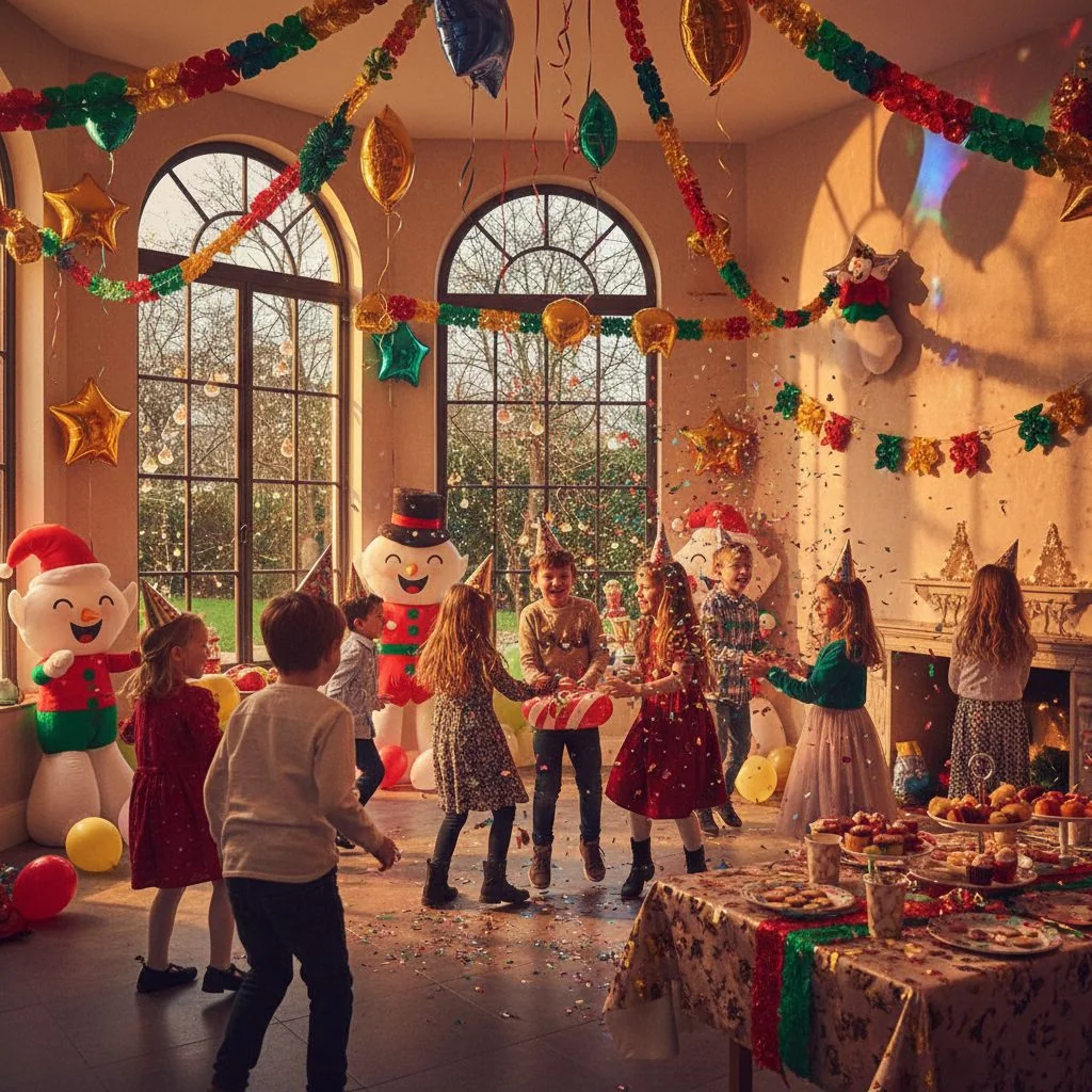 Children in festive hats at a Christmas party table