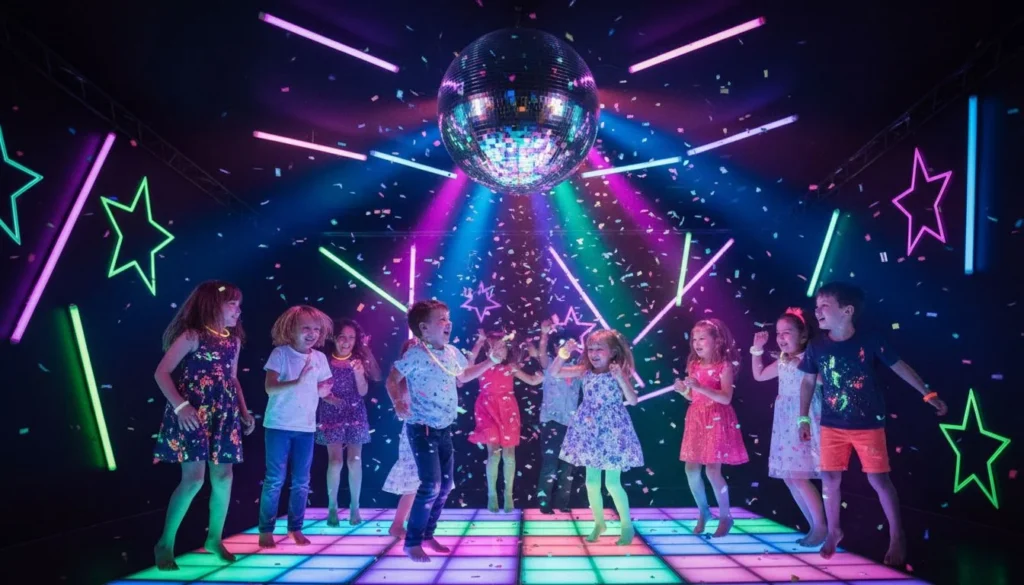 Children dancing under coloured lights at a disco party