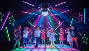 Children dancing under coloured lights at a disco party