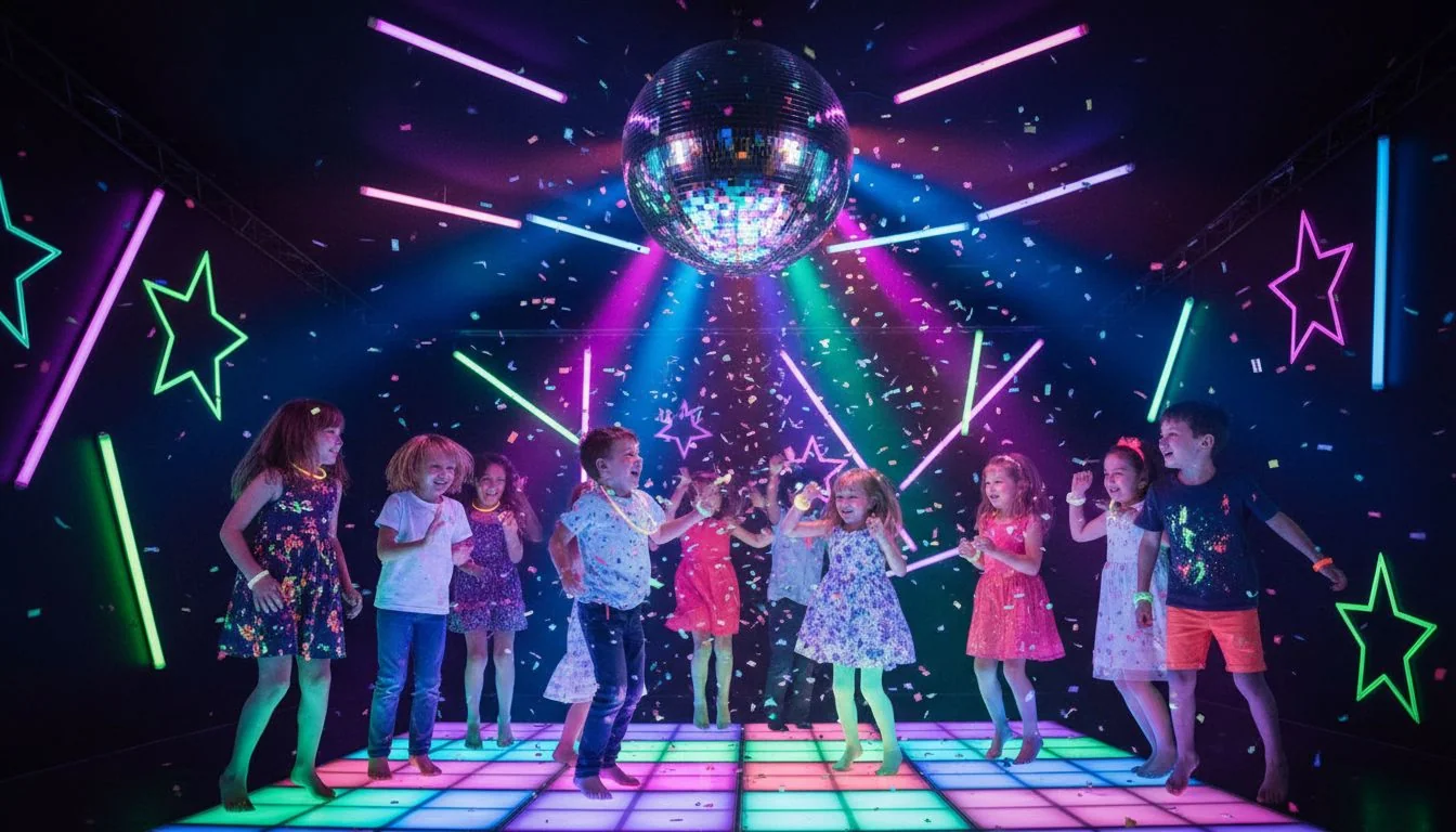 Children dancing under coloured lights at a disco party