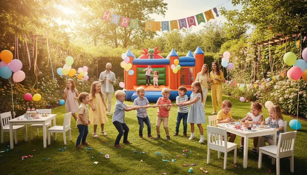 Children playing games on the grass at a garden birthday party