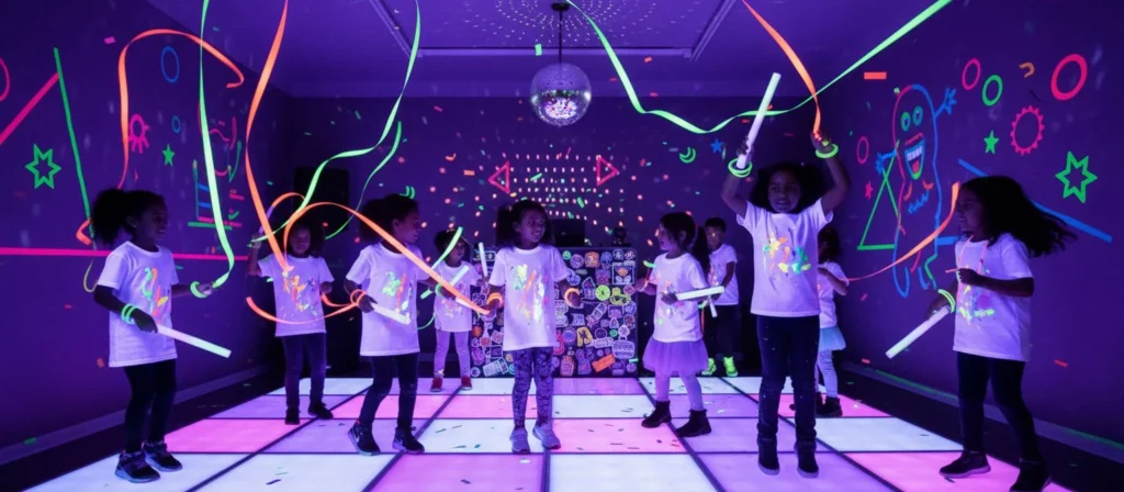 Glowing neon decorations at a party under black light