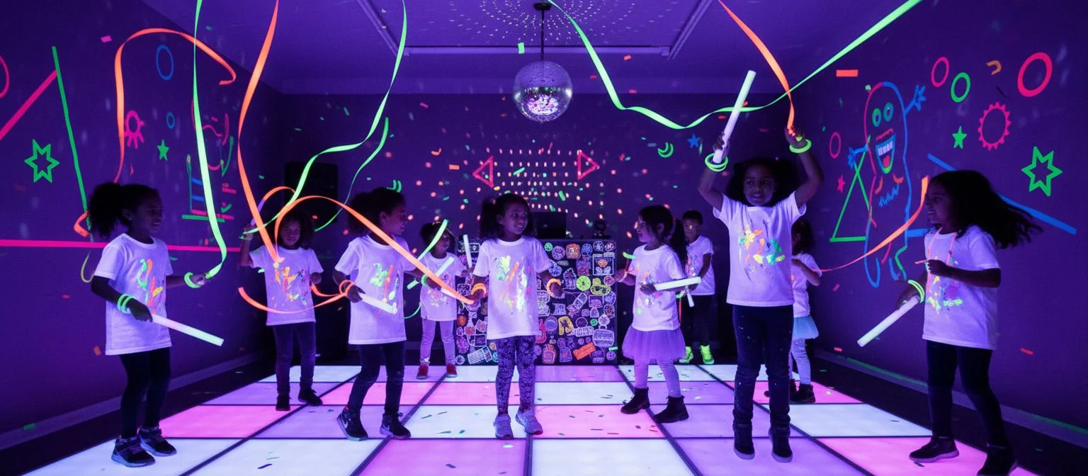 Glowing neon decorations at a party under black light