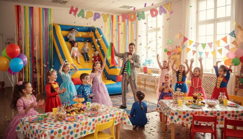Children at an indoor birthday party with an inflatable play structure