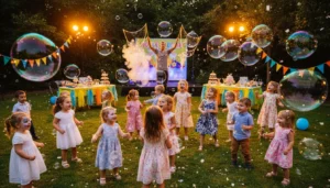 Children chasing glowing bubbles at an evening party