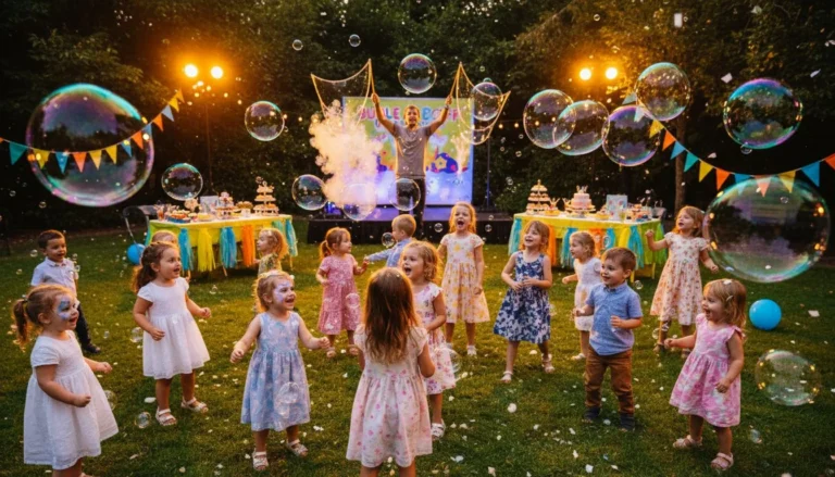 Children chasing glowing bubbles at an evening party
