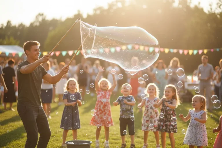 Children reaching for large soap bubbles in a garden
