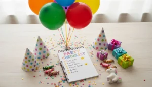 A party planning checklist surrounded by balloons
