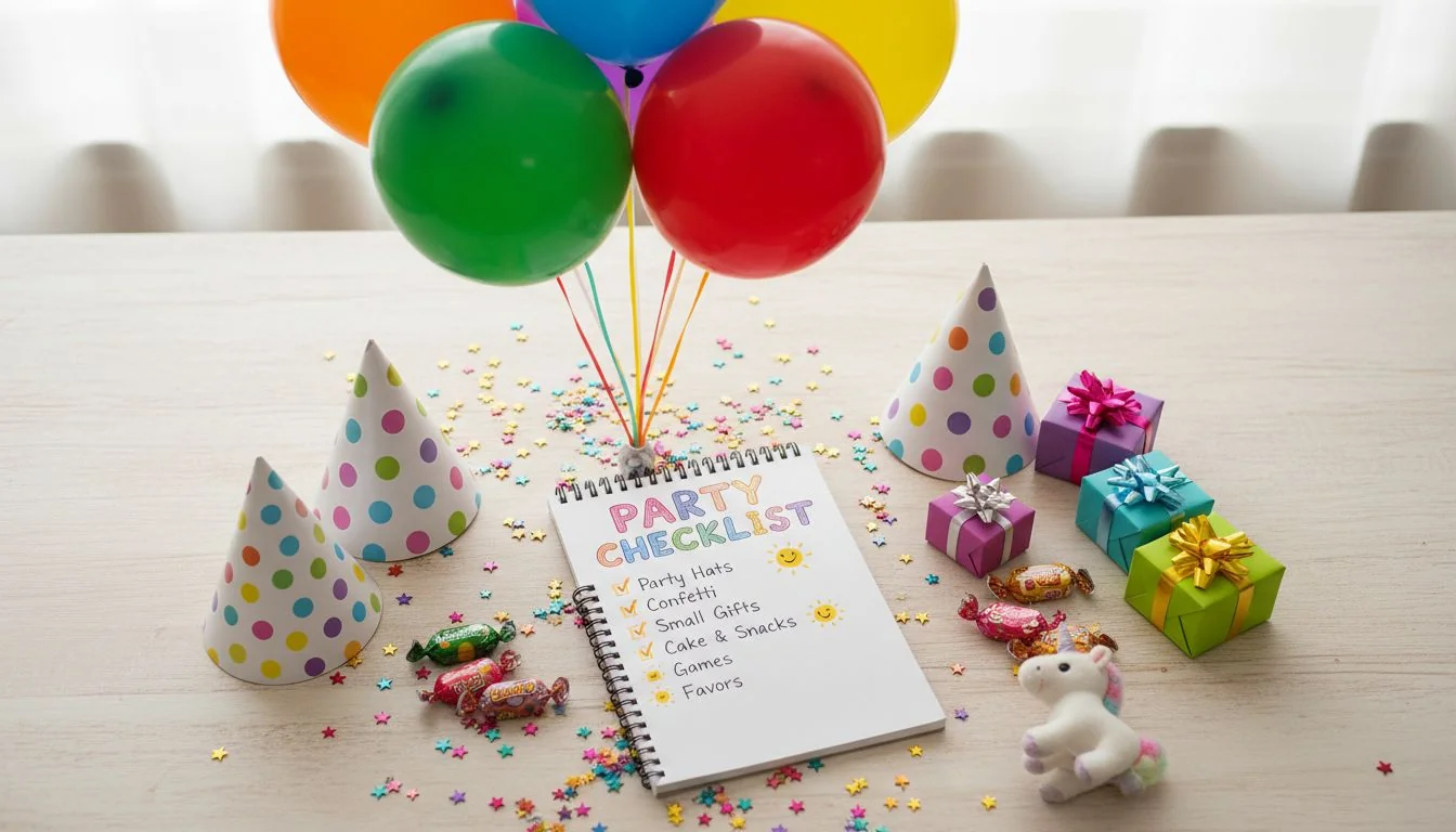 A party planning checklist surrounded by balloons