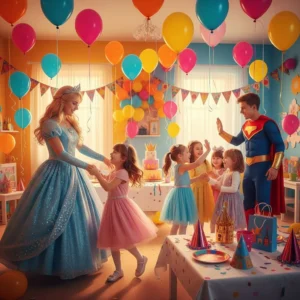 Children in princess and superhero costumes at a birthday party