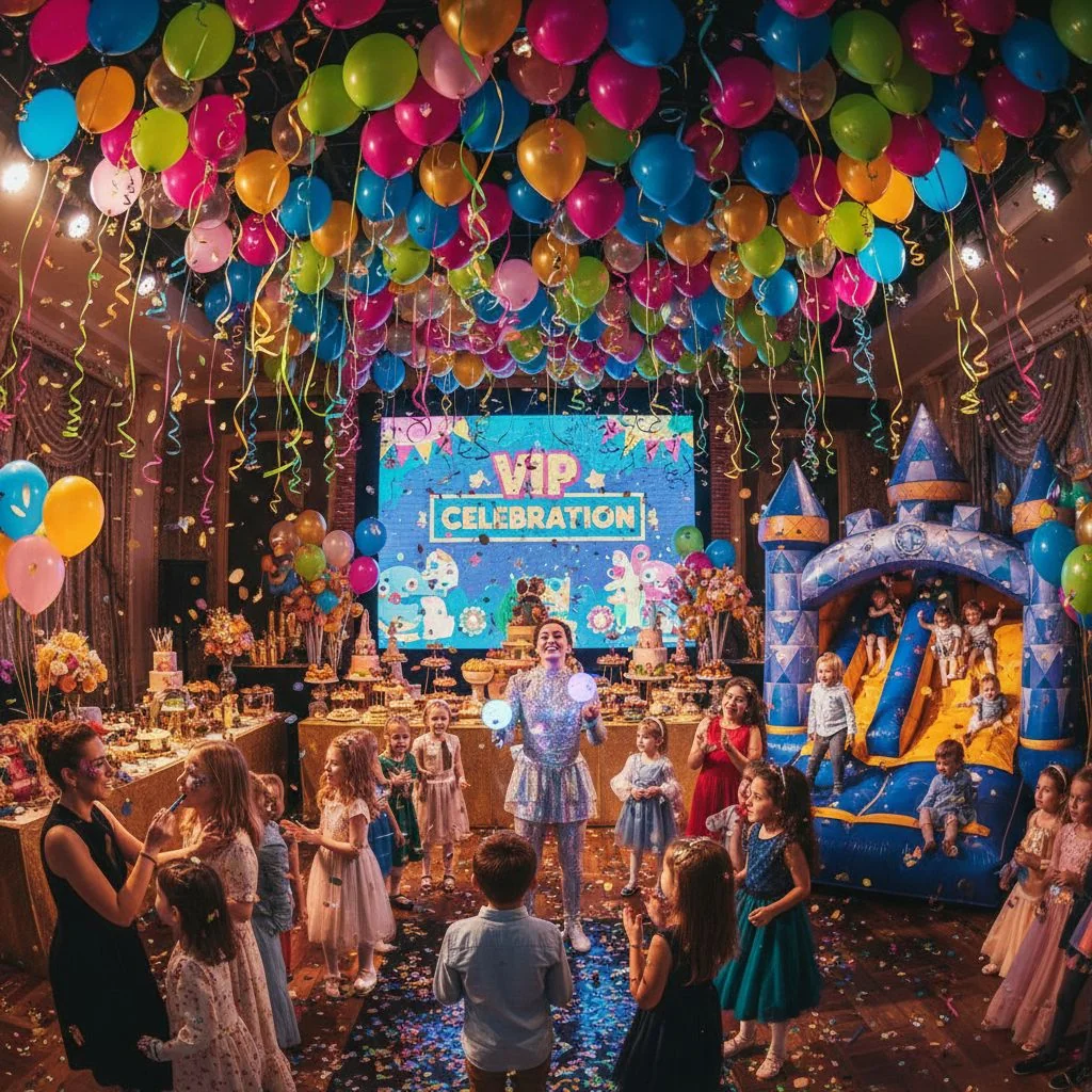 Children playing in a bounce house at an outdoor celebration